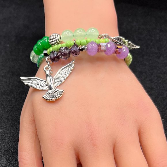 Eagle Feather Silver Charm Beaded Bracelet For Women - Picture 1 of 7